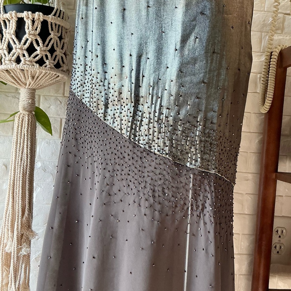 Vintage 1990s Y2K Cache Olive Satin and Chiffon Asymmetrical Hem Beaded Gown - Picture 7 of 16